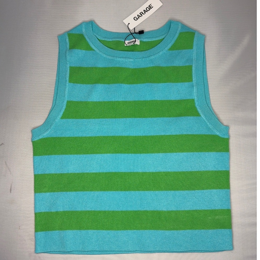 Garage Striped Knit Sweater Vest Teal Blue Lime Green Sleeveless Crop Top Large